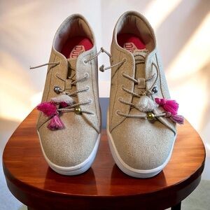 Hey Dude Women's Beige Sneakers with Pink Tassels